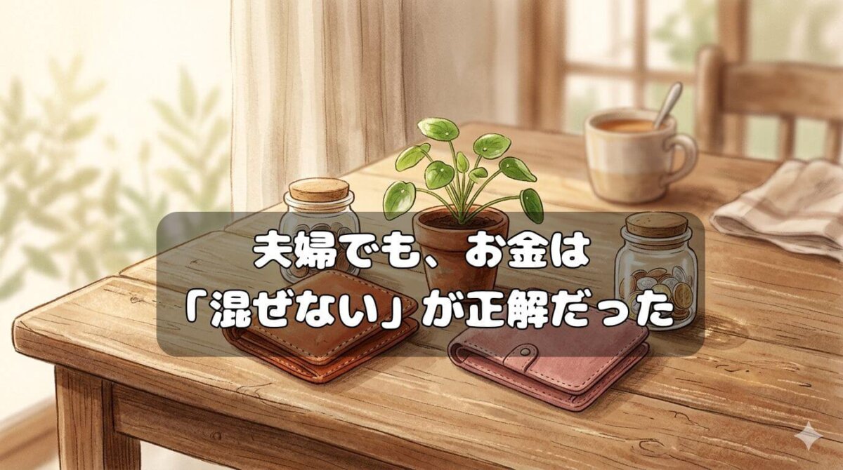 ダイニングテーブルに並ぶ二つの財布と小瓶のイラスト