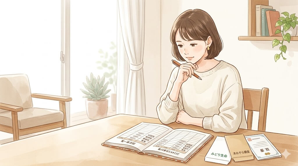 保険の書類を前に考え込む女性のダイニングシーン