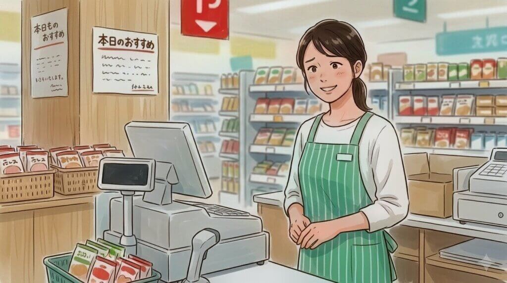 困り顔で苦笑いするエプロン姿の女性スーパー店員