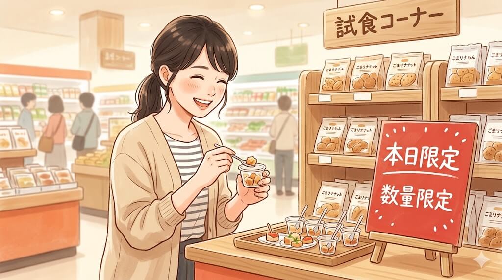 スーパーの試食コーナーでカップを手に取る女性のイラスト