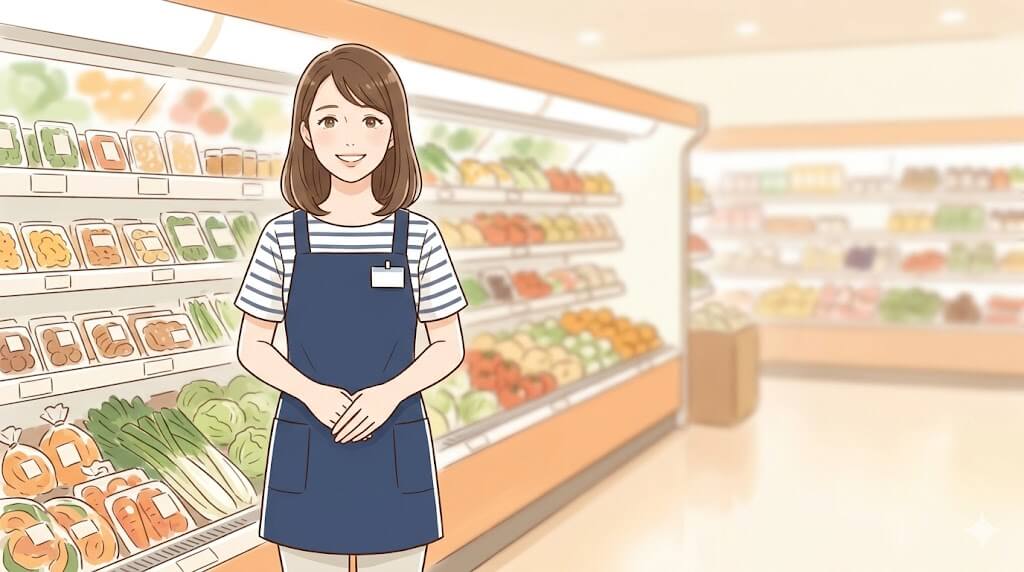 売り場で微笑む女性スーパー店員のイラスト