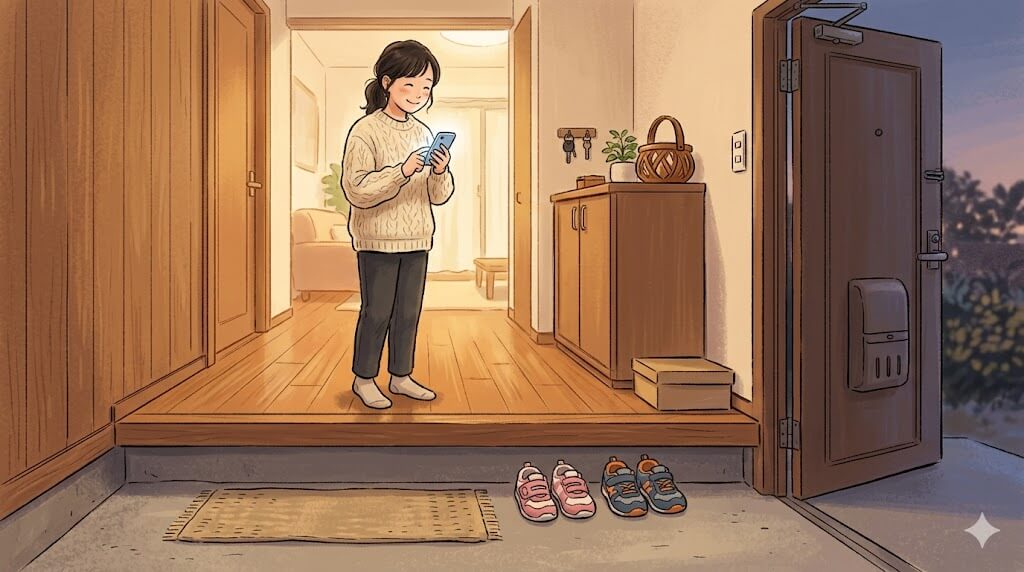 夕方の玄関でスマホを見てほっとする女性と子ども靴