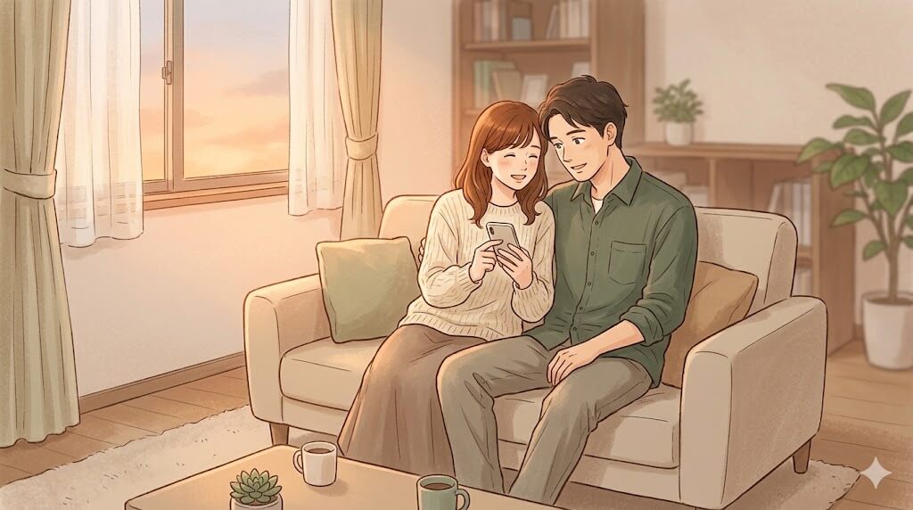 夫婦がソファで穏やかに話し合う温かいリビングシーン