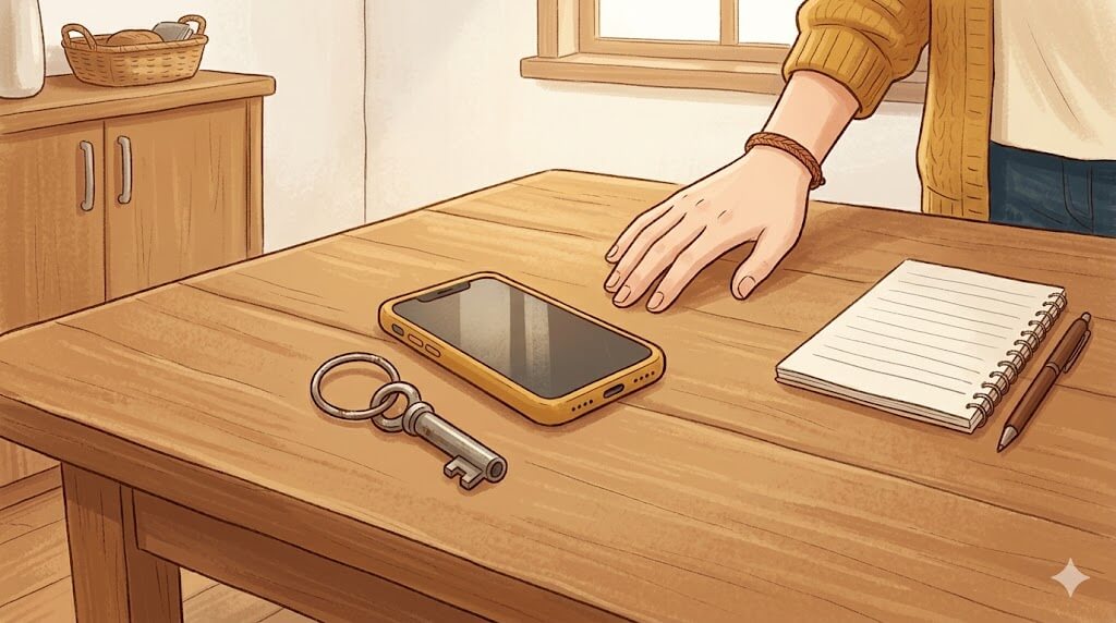 テーブルに並ぶ物理鍵とスマートフォンと手書きメモ