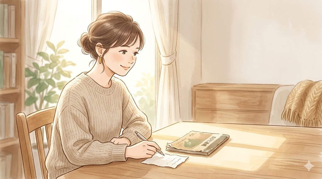 通帳を前に決意する女性のイラスト