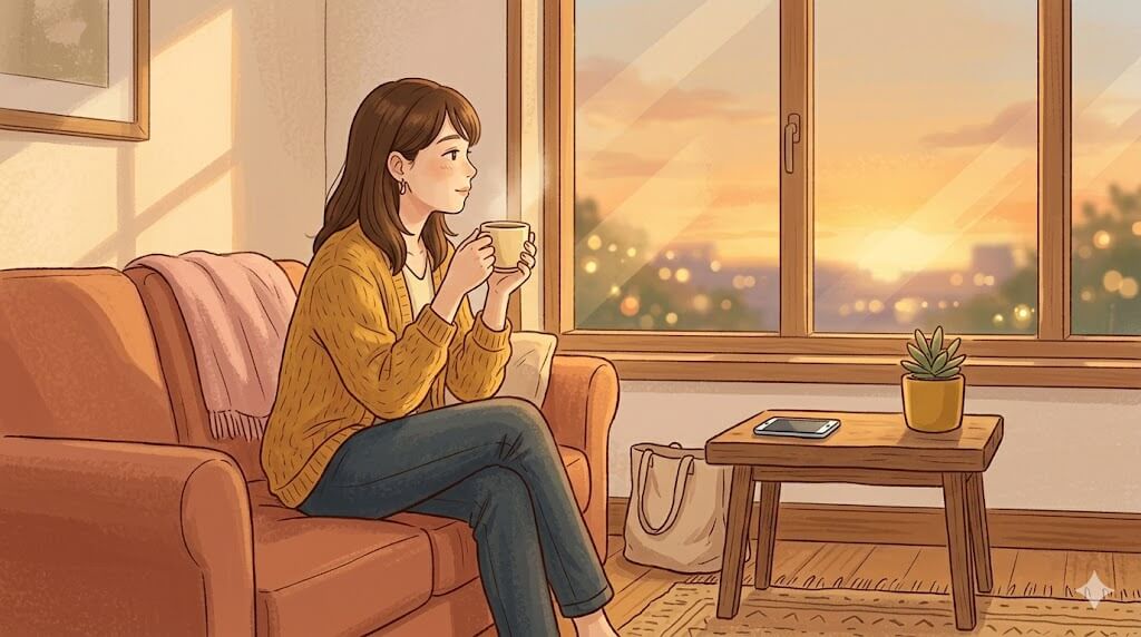 窓辺でコーヒーを持ちくつろぐ女性、夕暮れの光