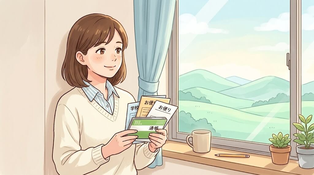 一山越えてもまだ続く教育費の道のりを眺める母のイラスト