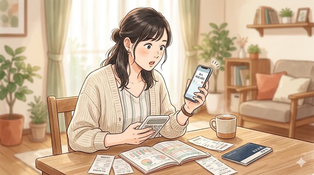 見落とし収入をチェックする女性のイラスト