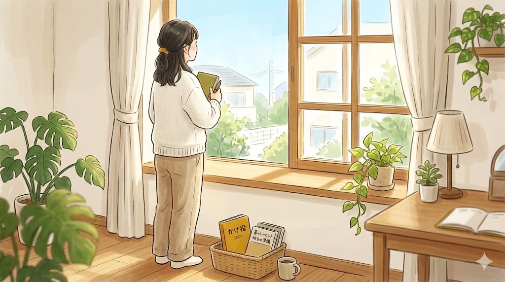 朝の窓辺でノートを抱えて外を見つめる女性