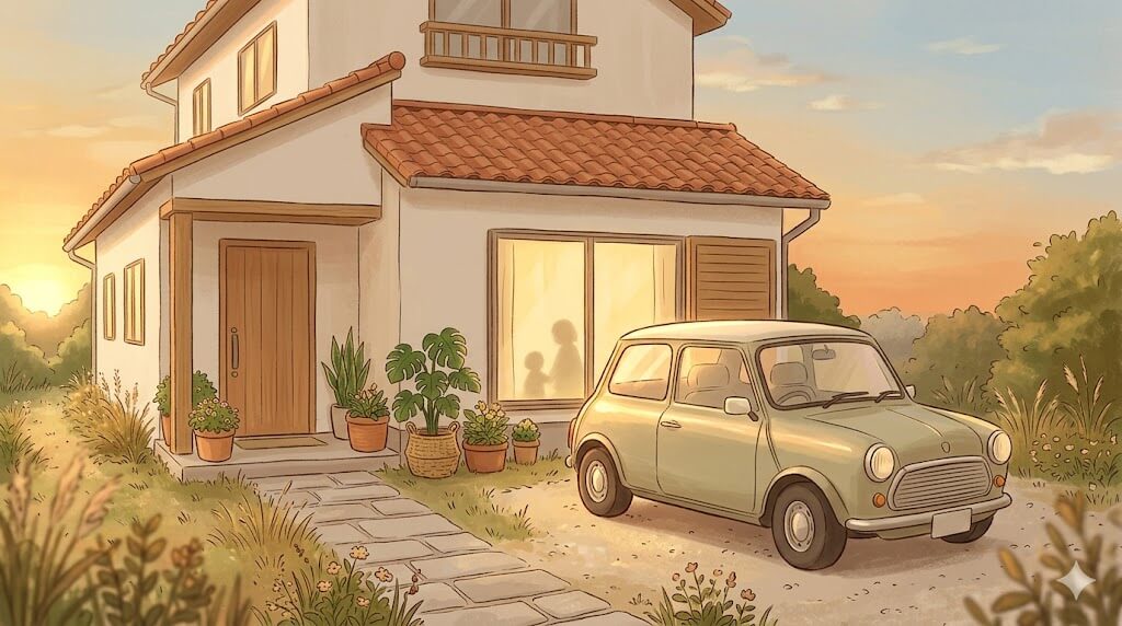 乗り潰す決断をした家族の車と一軒家のイラスト
