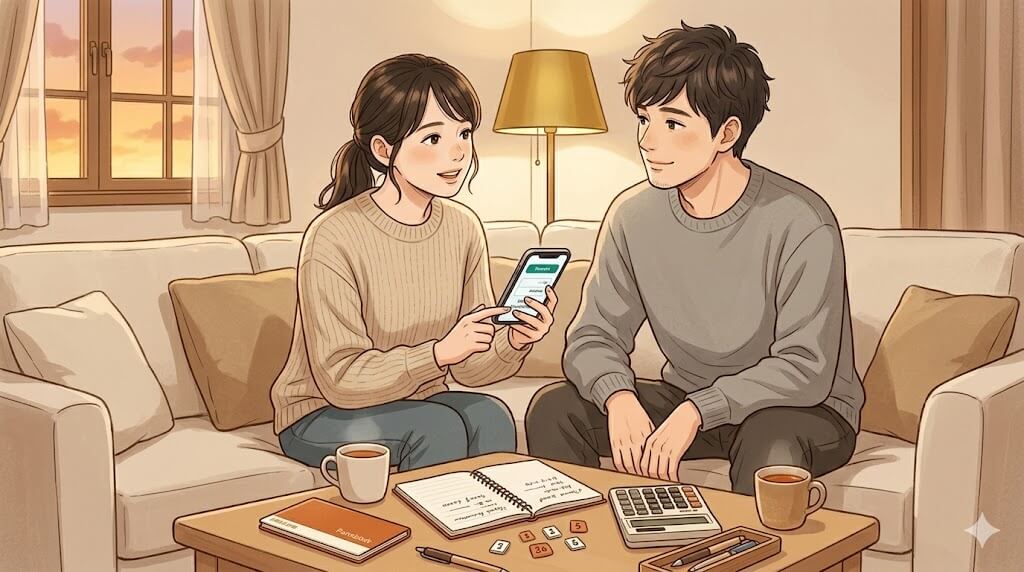 夫婦でNISAについて話し合うイラスト