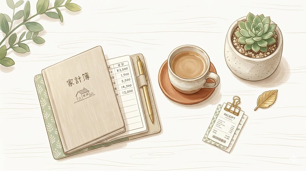家計グッズが整然と並ぶまとめイメージのイラスト