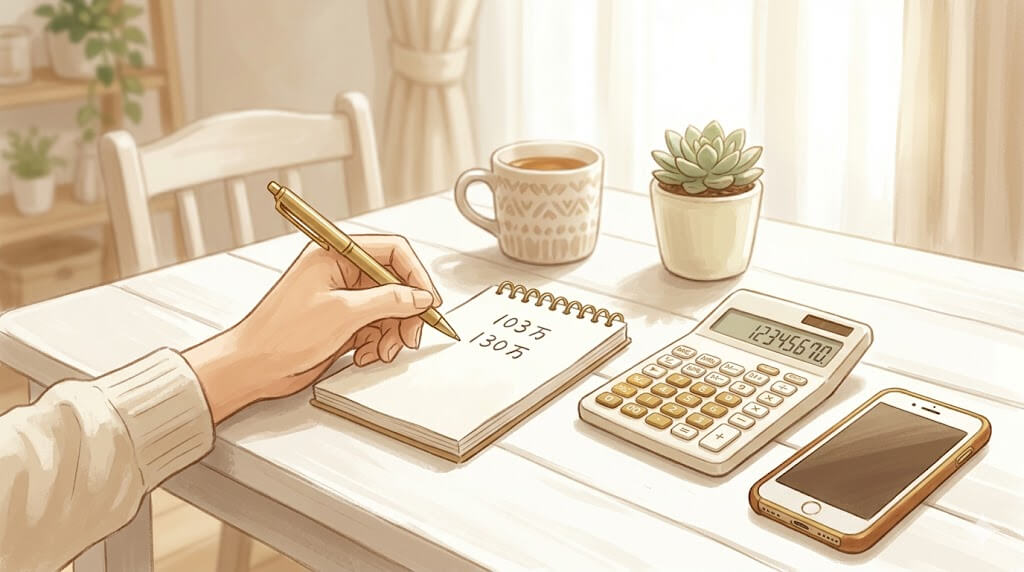 扶養ラインをメモで確認する女性の手のイラスト