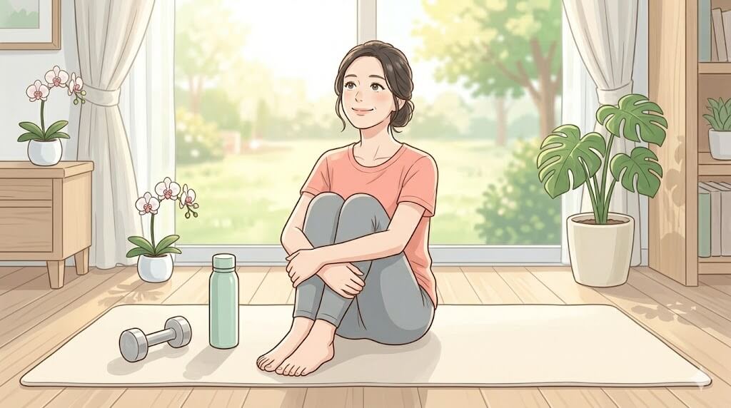 宅トレ後にリラックスする女性のイラスト