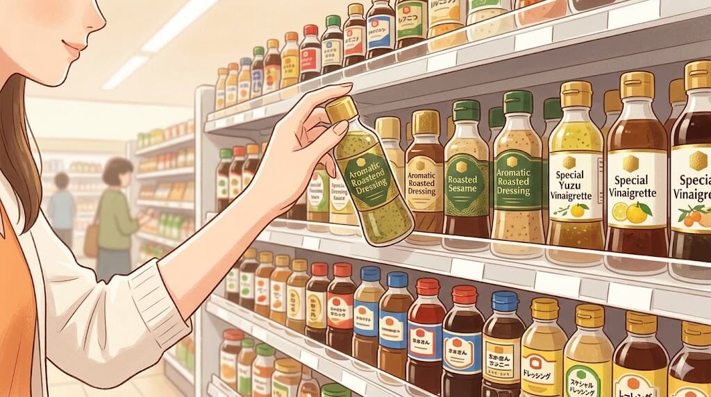 高単価ドレッシングを手に取る女性の手元イラスト