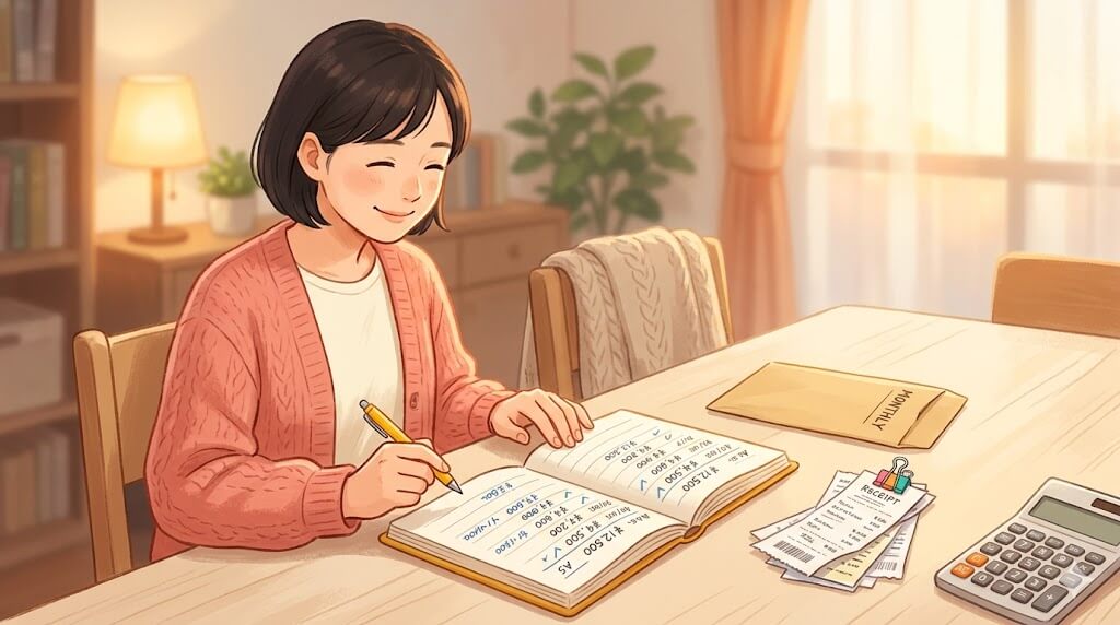入学後1ヶ月の支出をノートにまとめて安堵する母のイラスト
