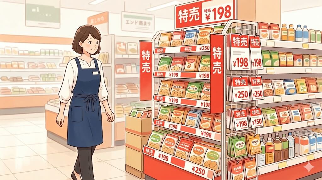 スーパーのエンド什器と通り過ぎる店員のイラスト
