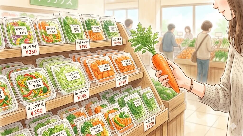 カット野菜と丸ごと野菜を見比べる手元のイラスト