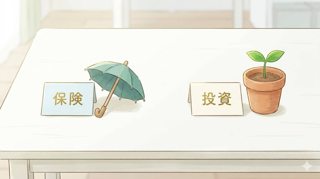 保険と投資を2つに分けて整理したテーブルの俯瞰イラスト