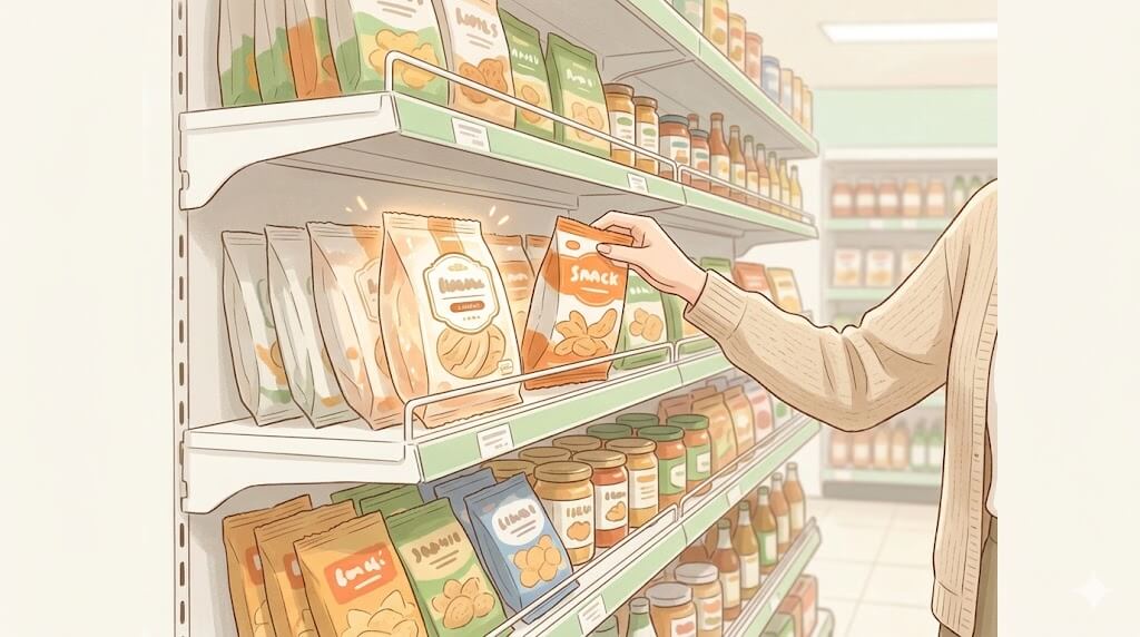 スーパーの棚のゴールデンゾーンに手を伸ばすイラスト
