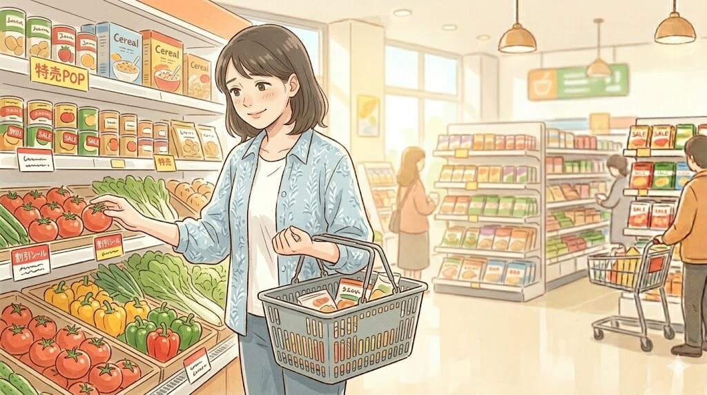買い物客として苦笑いしながら商品を手に取る女性
