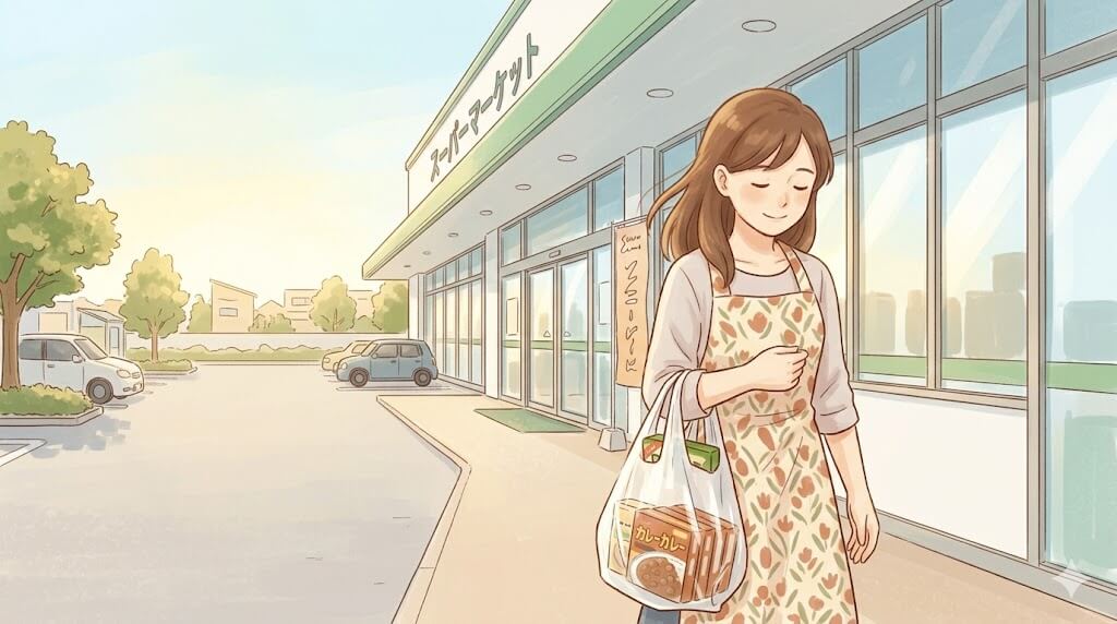 買い物袋を持ちスーパーを出る女性のイラスト