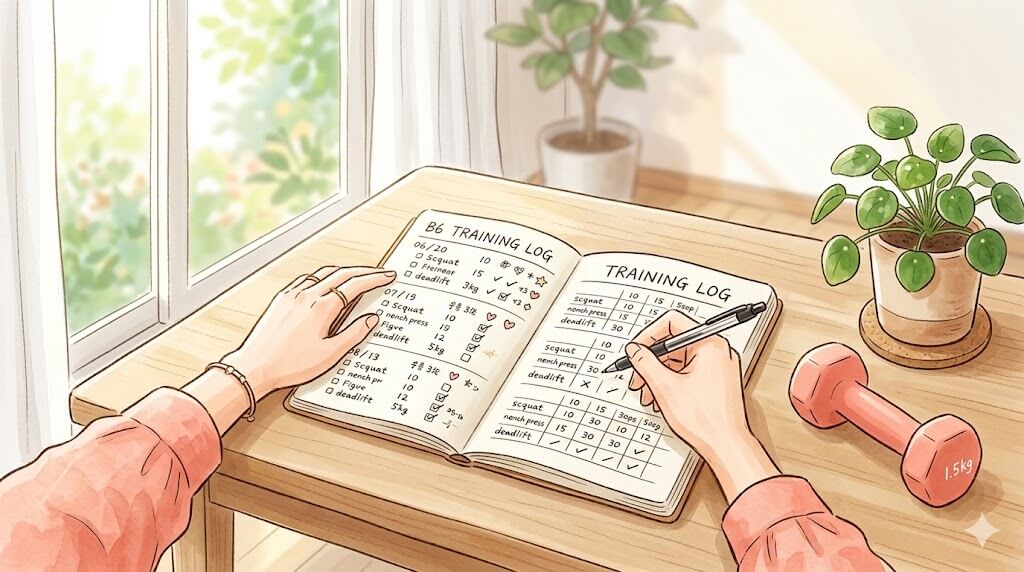 手帳に成果を記録する女性の手のイラスト