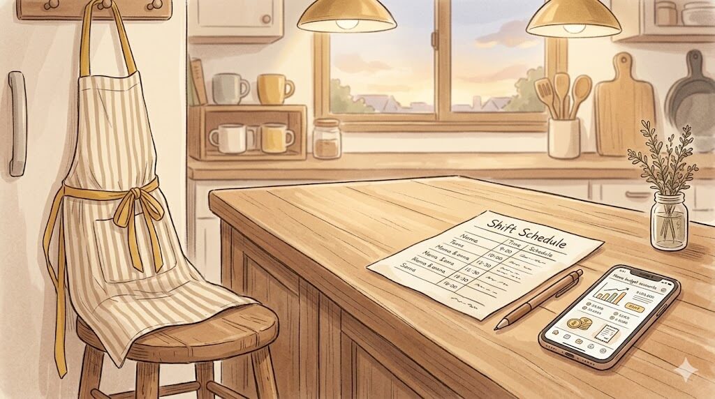 シフト表と家計簿アプリを並べた夕方のキッチン