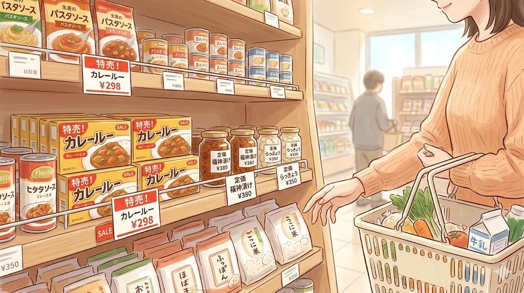 特売品の隣に並ぶ関連商品の棚のイラスト