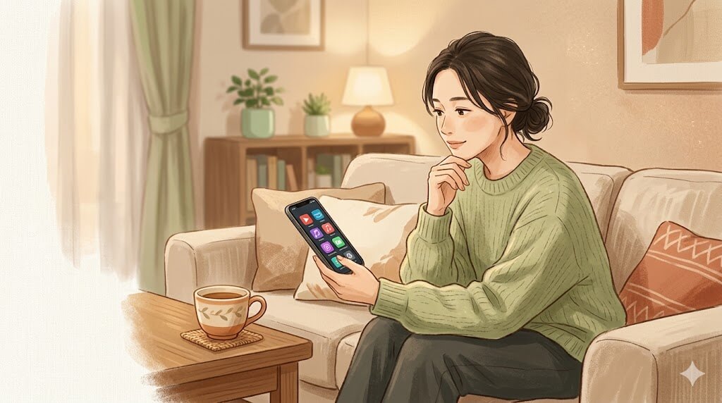 スマホのサブスクを見直す女性のイメージ