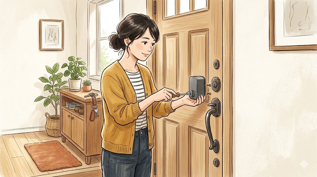 玄関ドアにスマートロックを取り付ける女性