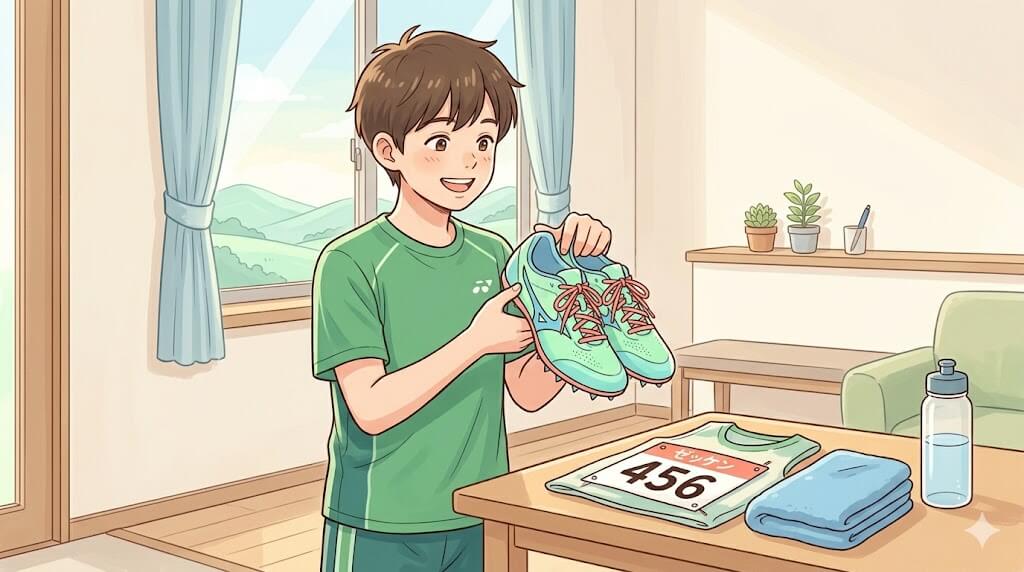陸上部に入った中学生男子がスパイクを手に持つイラスト