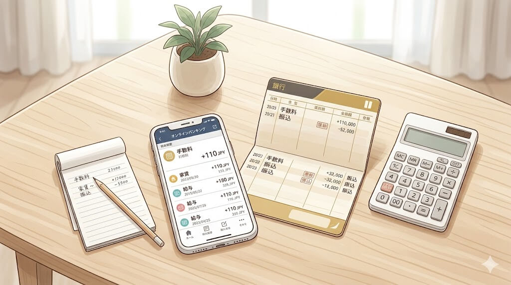 通帳と電卓で振込手数料を確認するイメージ