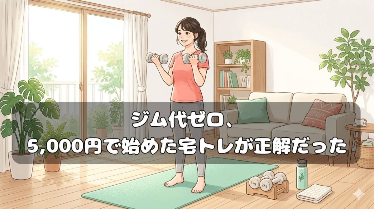 リビングで宅トレする30代女性のイラスト