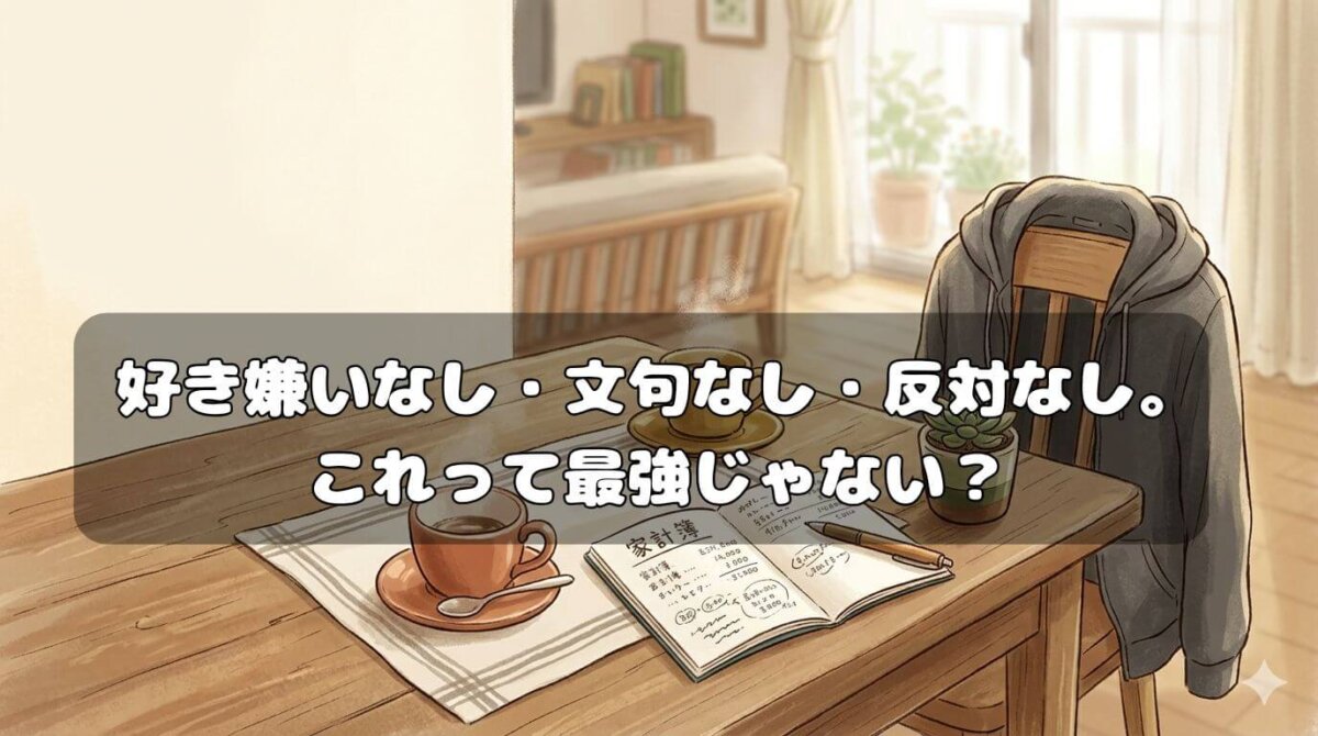 朝のテーブルにコーヒーと家計ノートが並ぶ温かなダイニング