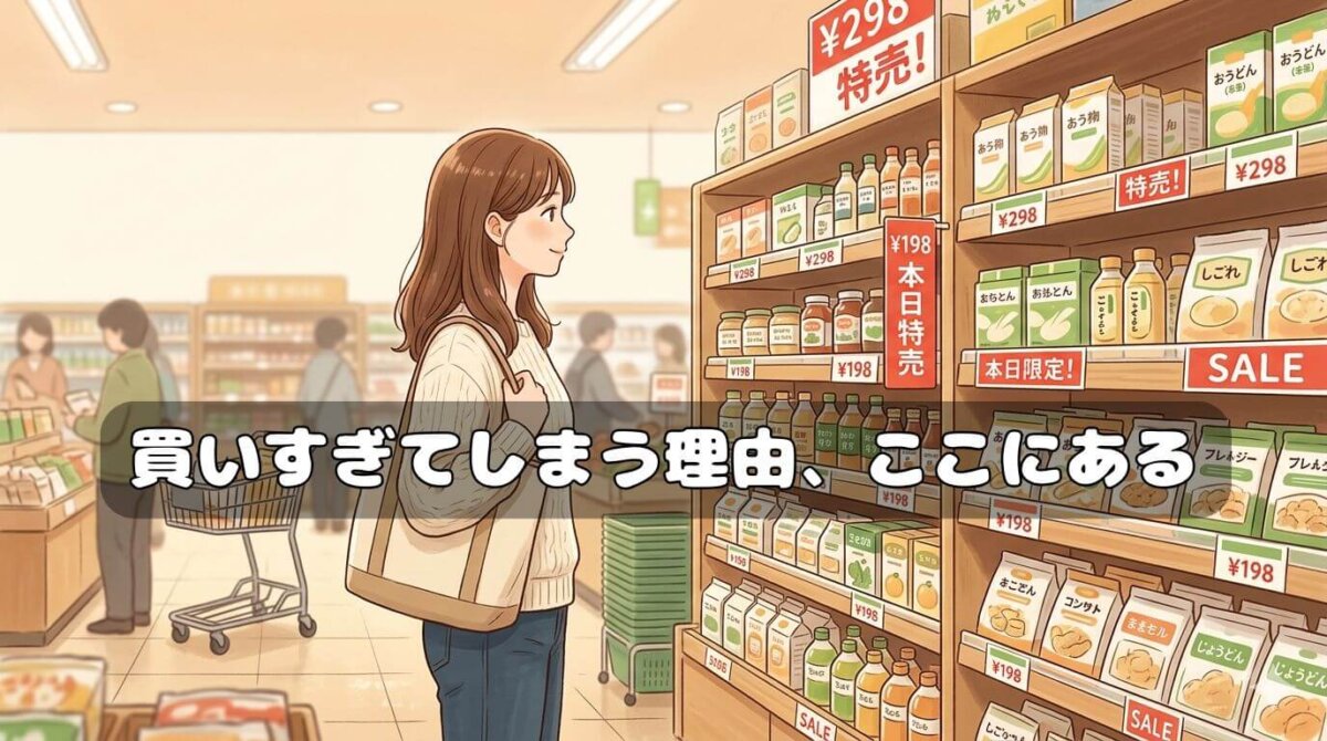 スーパーの売り場で商品棚を見る女性のイラスト