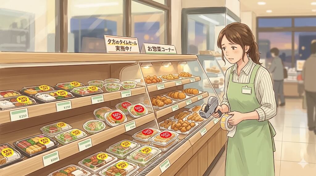 半額シールが減った惣菜棚を見つめる女性店員