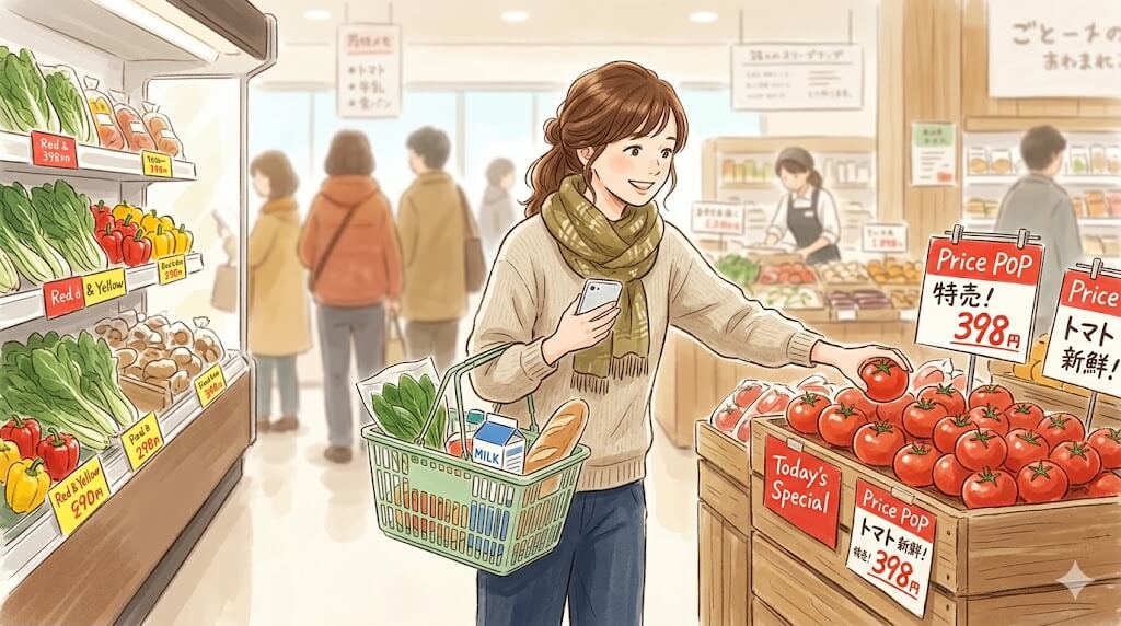 買い物メモを見ながらついカゴに商品を追加する女性