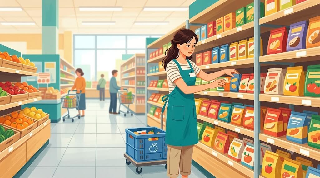 売り場で品出しするエプロン姿の女性