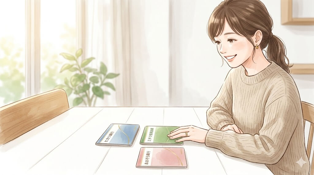 整理された通帳と満足そうな女性のイラスト