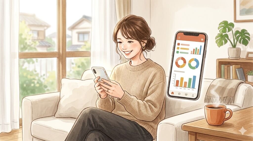スマホでネット銀行アプリを確認する女性のイラスト