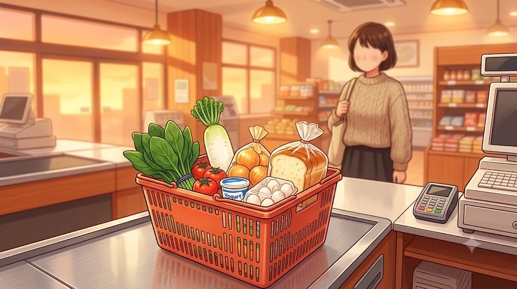 レジに置かれた食材入りの買い物カゴ