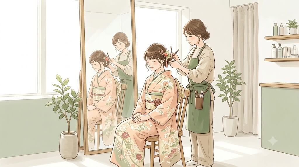 早朝の美容室で着付けする娘