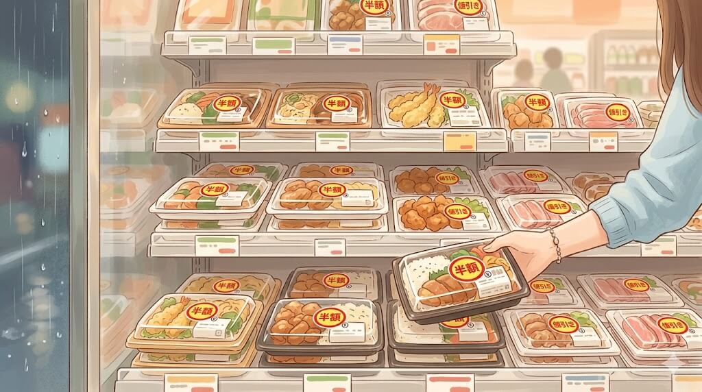 台風の日の値引き商品が並ぶスーパー棚