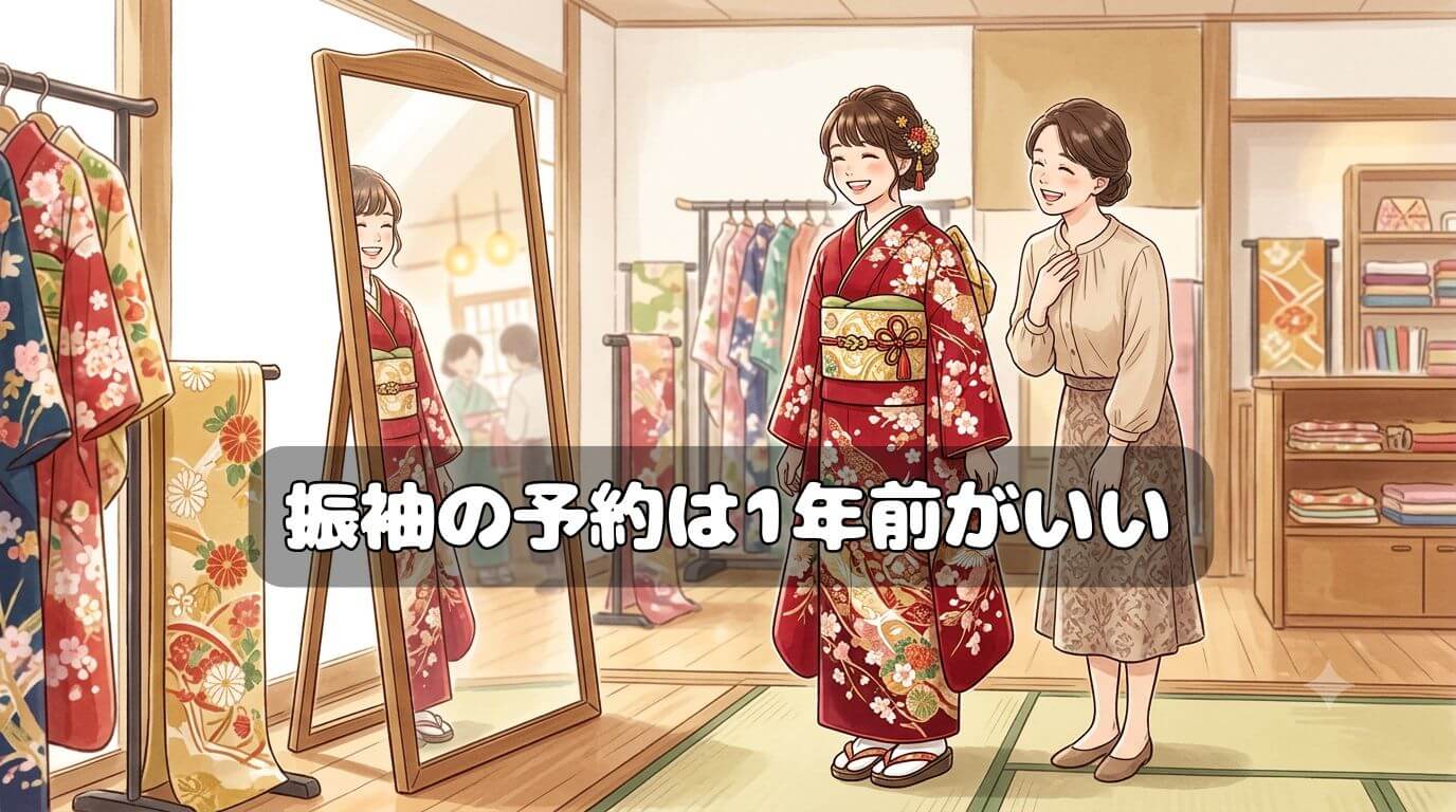 振袖を着て母娘で選ぶ様子