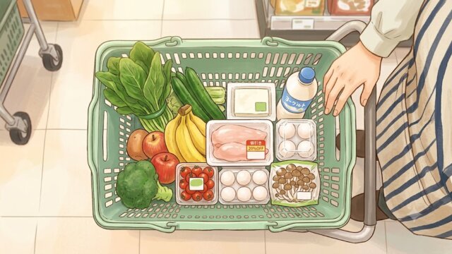 買い物カゴと店員の手のスーパーまとめイラスト