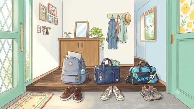 3人分のカバンと靴が並ぶ玄関のイラスト