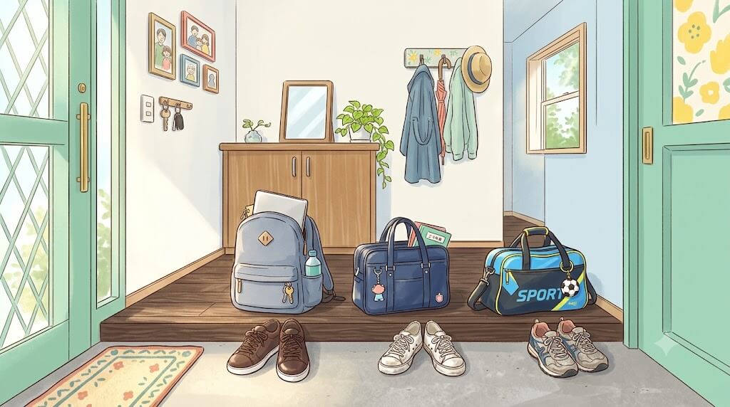 3人分のカバンと靴が並ぶ玄関のイラスト