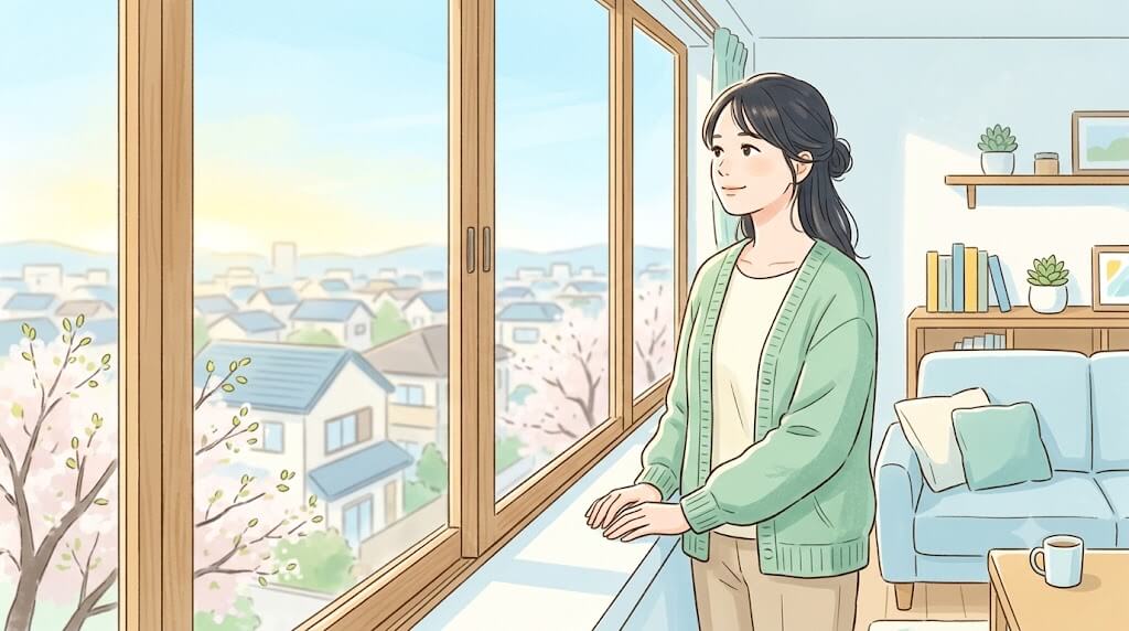 窓辺で前を向く母親の朝のイメージ