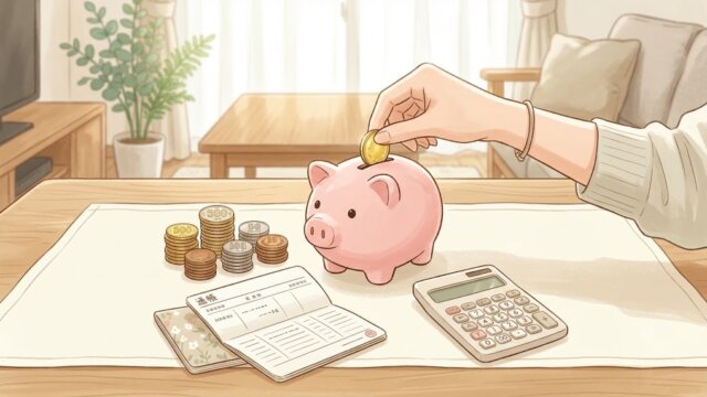 貯金箱とコインが並ぶ家計管理まとめのイラスト